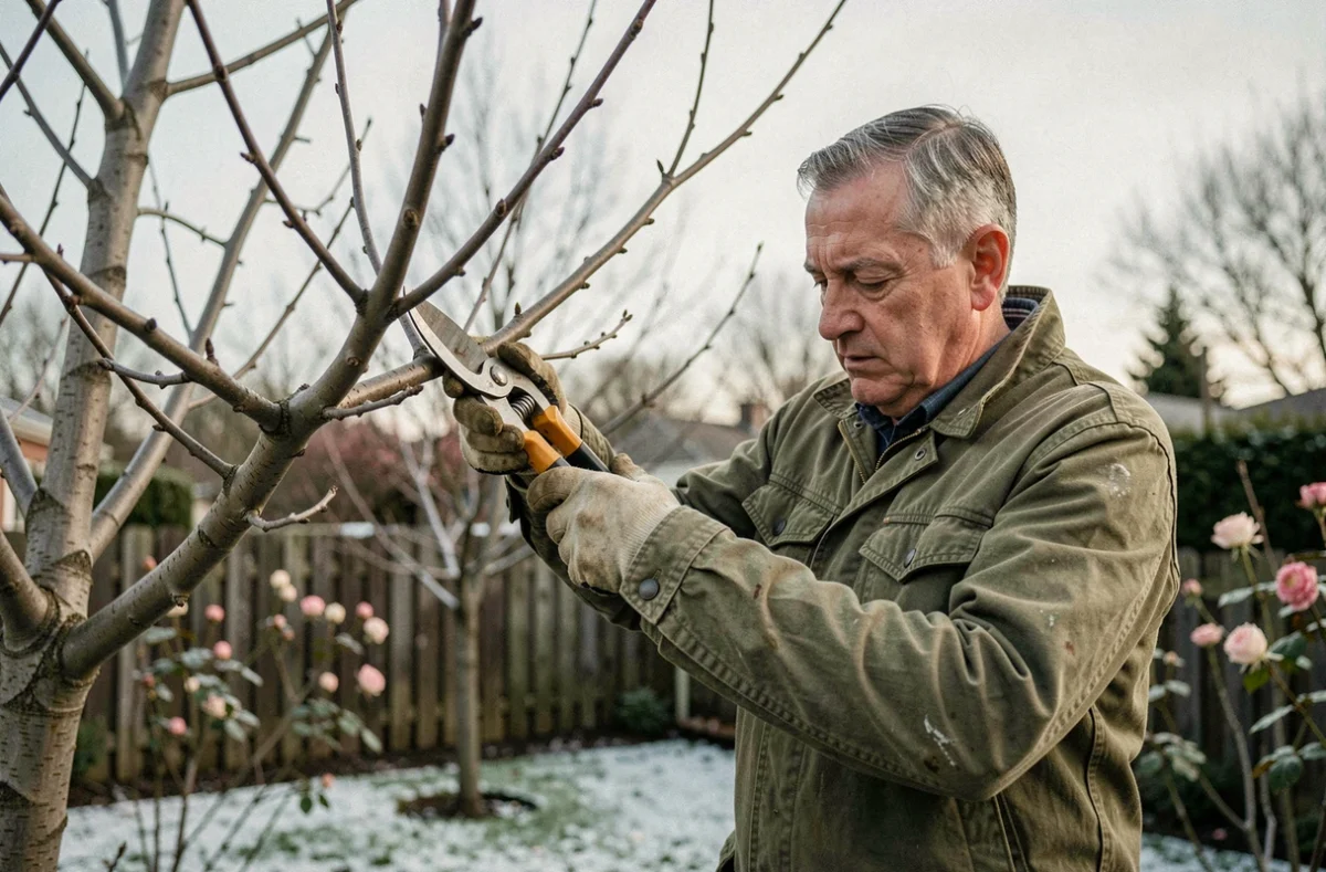 Jardinier élagant un cerisier en hiver avec un sécateur professionnel dans un jardin résidentiel