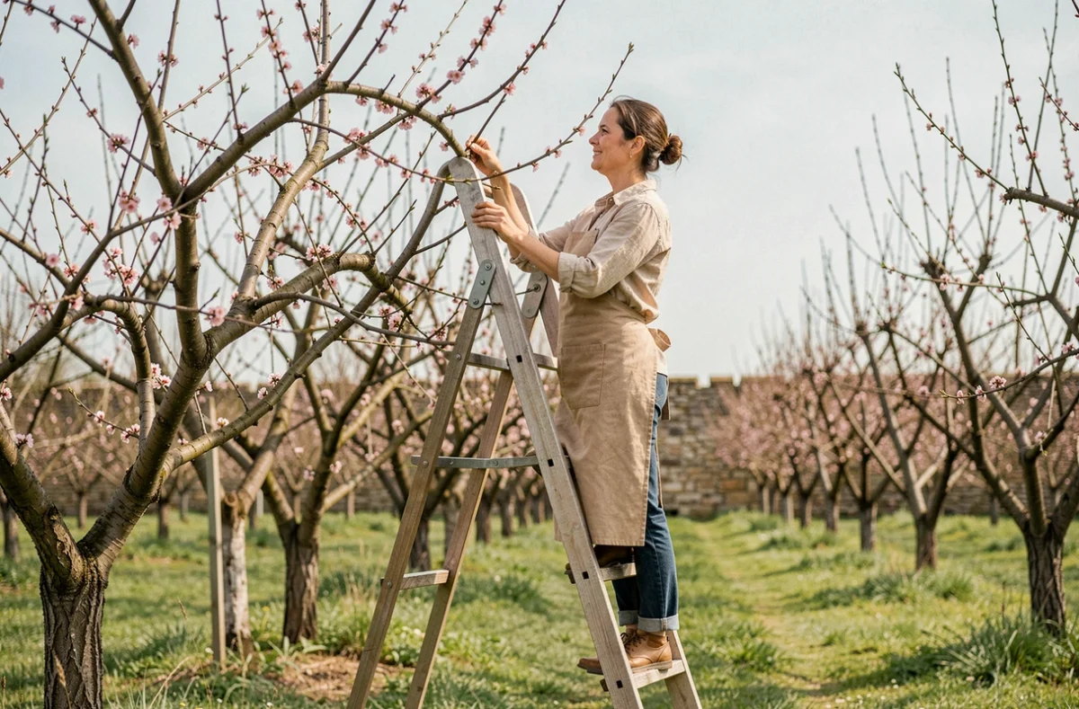 Femme élagant un cerisier en fleurs au printemps dans un verger de campagne française