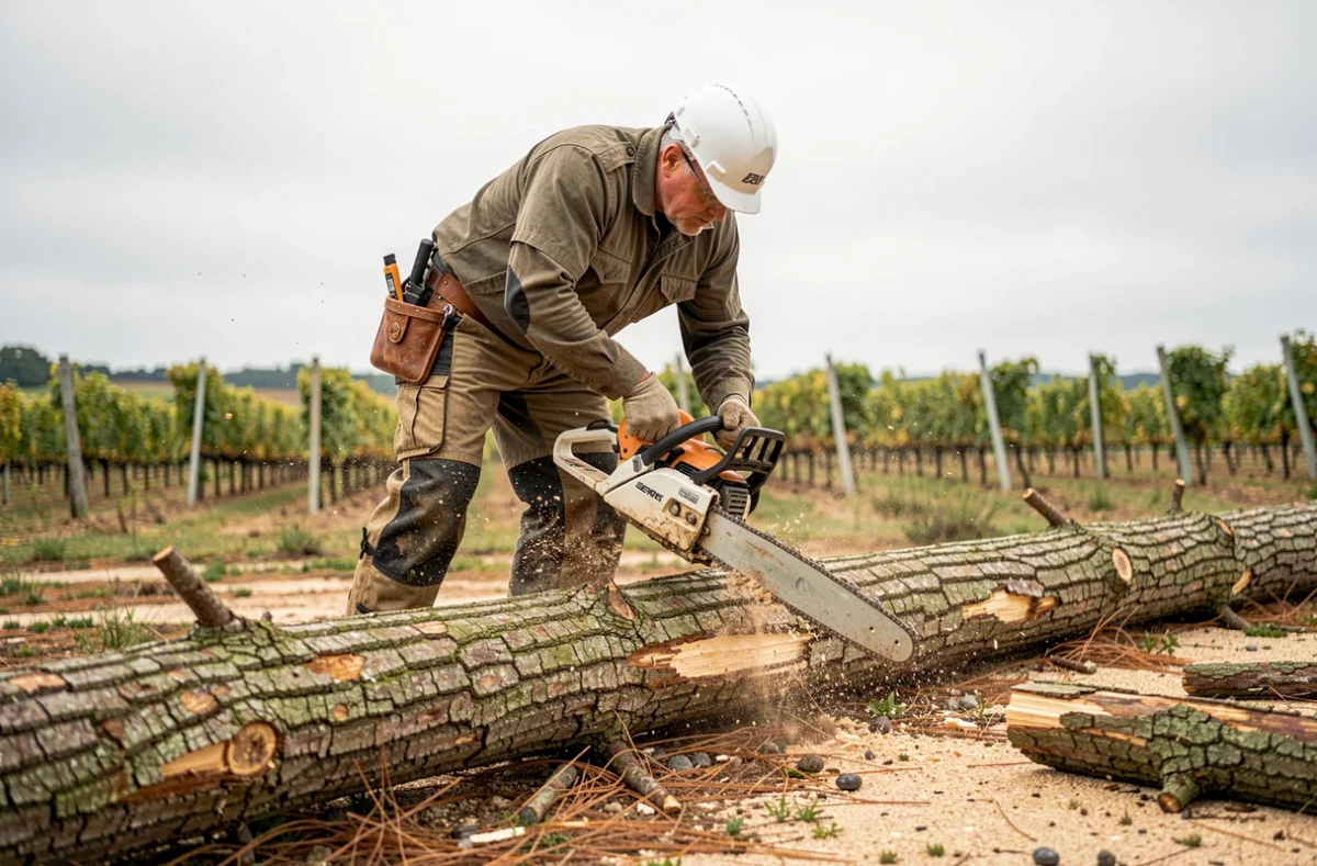 Élagueur en Gironde utilisant une tronçonneuse professionnelle pour débiter un tronc de pin tombé dans un terrain boisé