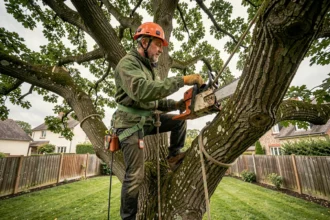 Élagueur professionnel en hauteur dans un chêne résidentiel, portant harnais et casque de sécurité orange, tronçonnant une branche épaisse