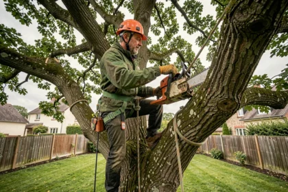 Élagueur professionnel en hauteur dans un chêne résidentiel, portant harnais et casque de sécurité orange, tronçonnant une branche épaisse