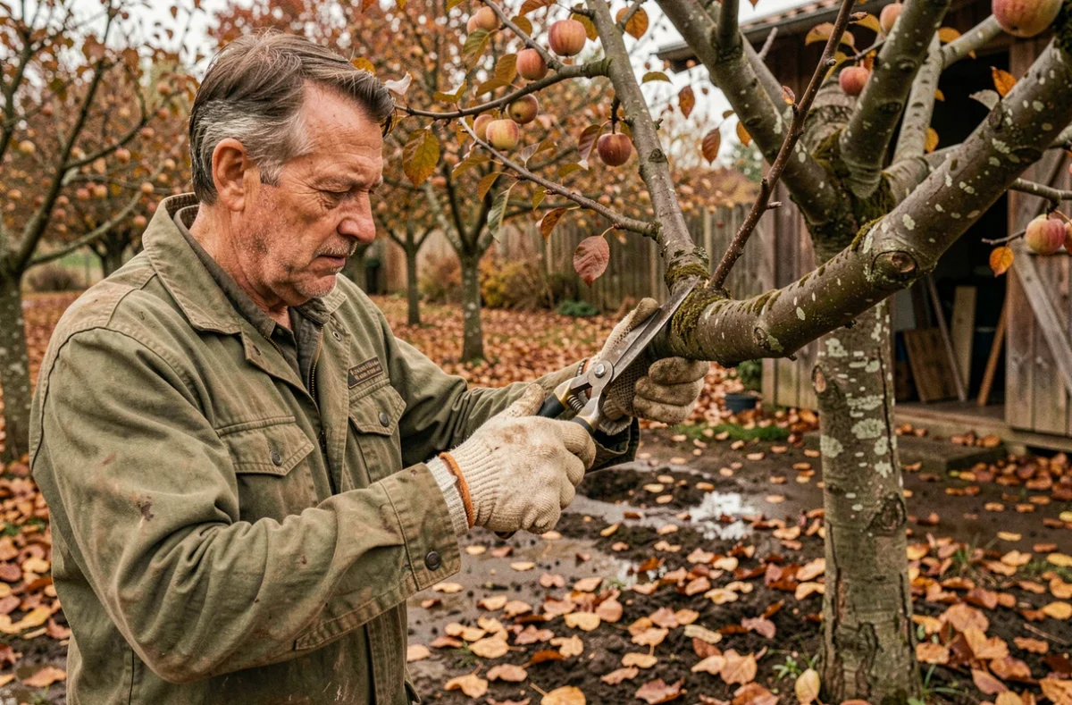 Élagueur expérimenté en Gironde taillant un vieux fruitier en automne dans un verger privé avec un sécateur professionnel