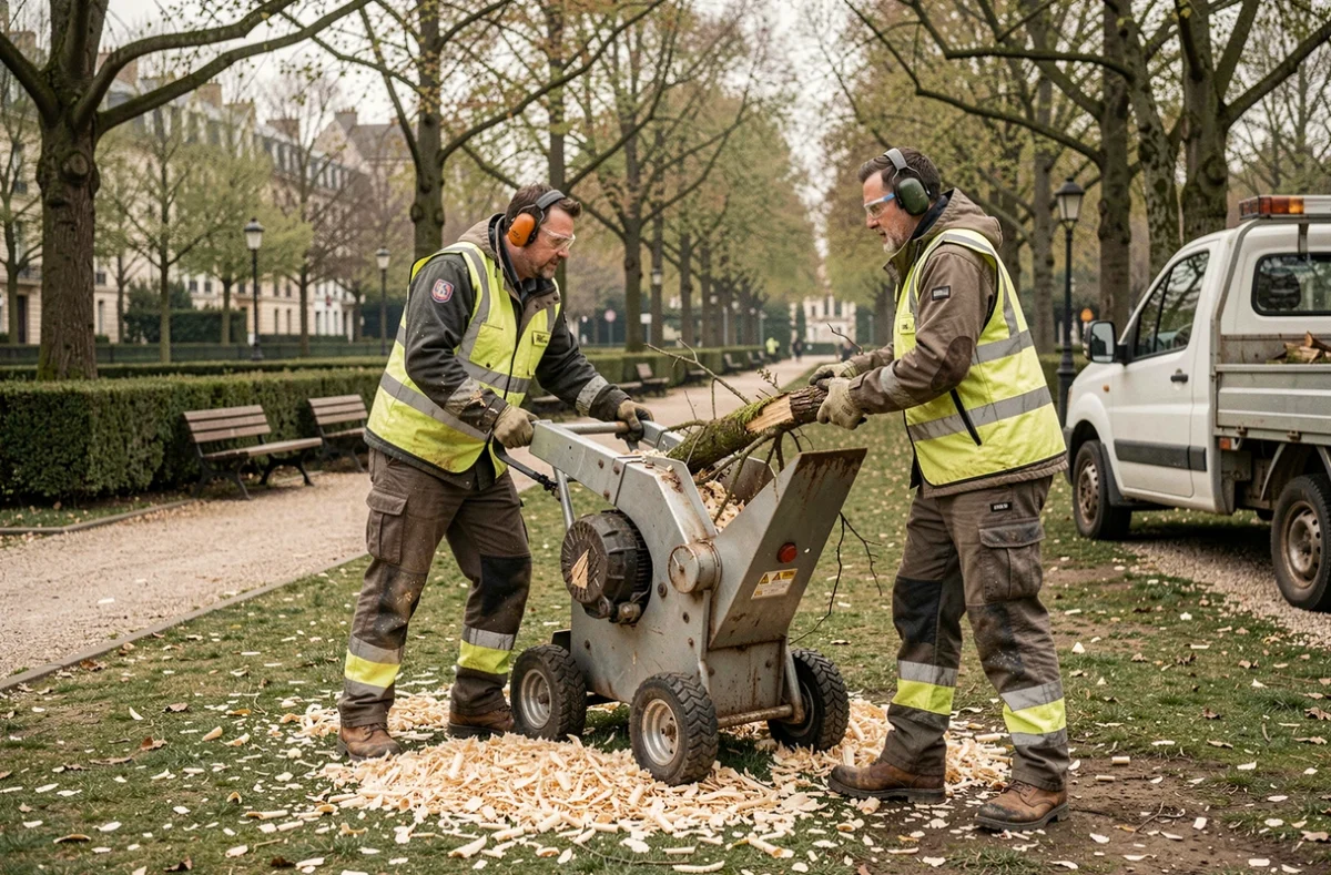 Deux élagueurs municipaux utilisant un broyeur de branches dans un parc urbain français, équipés de protections auditives et gilets fluorescents