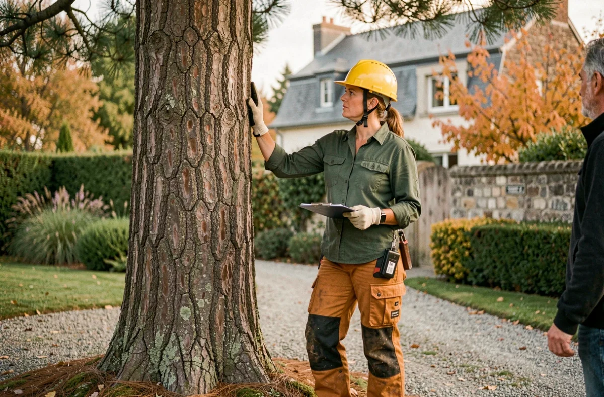 Élagueuse féminine inspectant un grand pin dans un jardin privé avec un propriétaire, portant équipements de protection professionnels