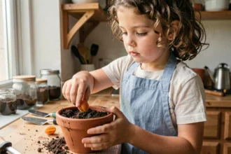 Jeune fille faisant germer un noyau d'abricot dans un pot en terre cuite sur un rebord de fenêtre de cuisine
