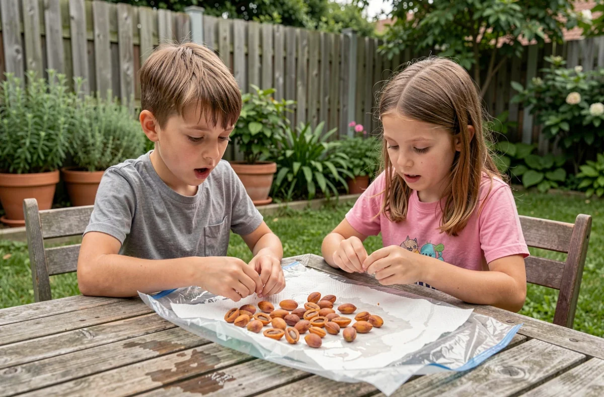 Deux enfants observant des noyaux d'abricot en germination dans un sac plastique sur une table de jardin