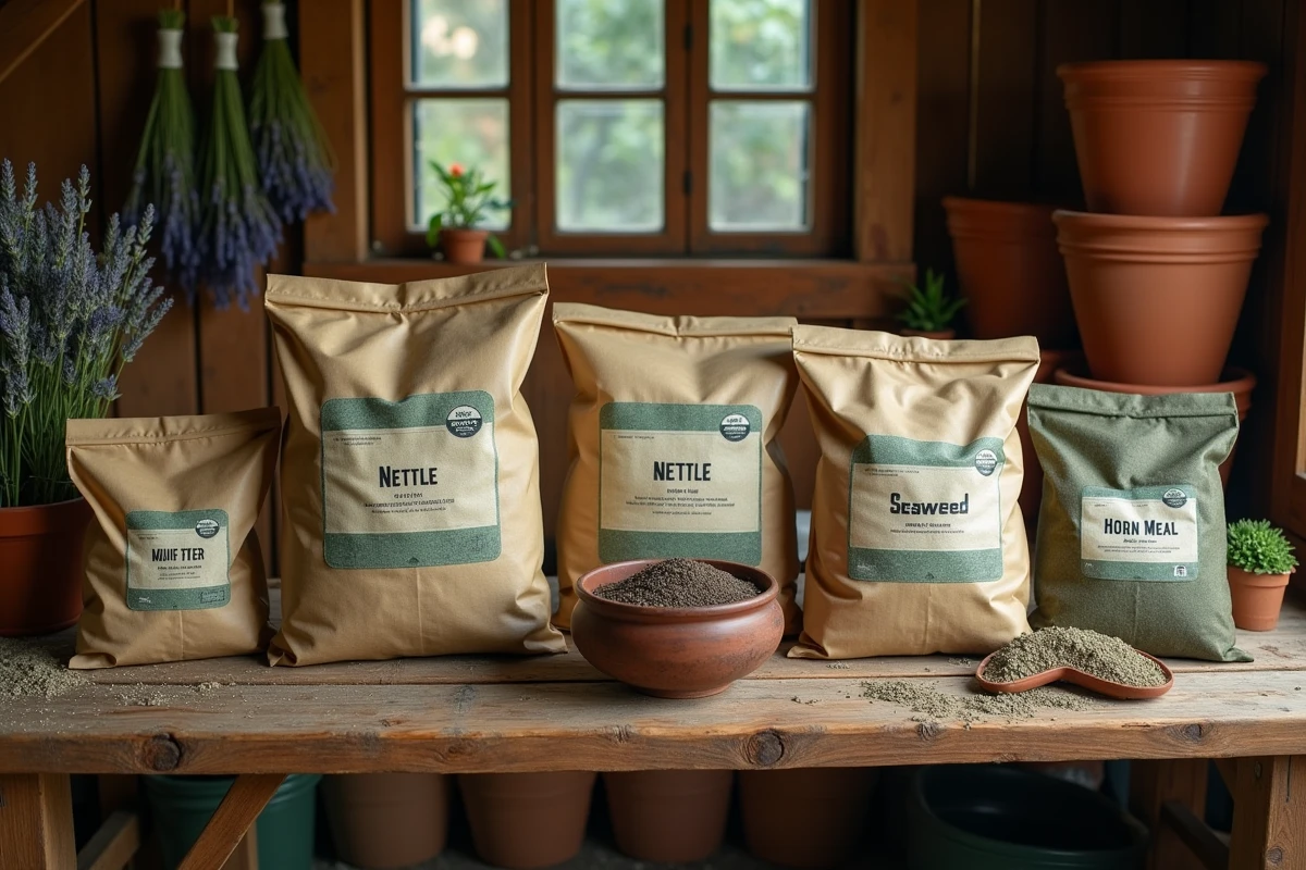 Engrais biologiques alternatifs au tourteau de ricin posés sur un établi en bois dans une cabane de jardin