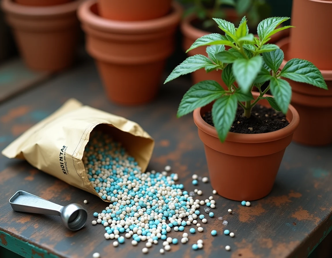 Gros plan sur un engrais pour tomates renversé et un plant de tomate stressé en pot, illustrant les erreurs de dosage et d'application