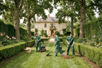 Équipe de jardiniers professionnels entretenant un grand jardin résidentiel dans le Rhône
