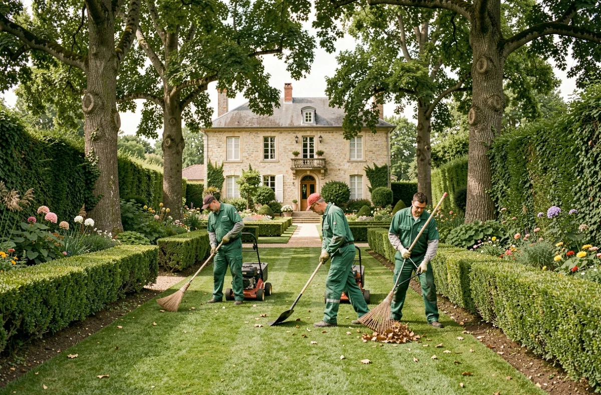 Équipe de jardiniers professionnels entretenant un grand jardin résidentiel dans le Rhône