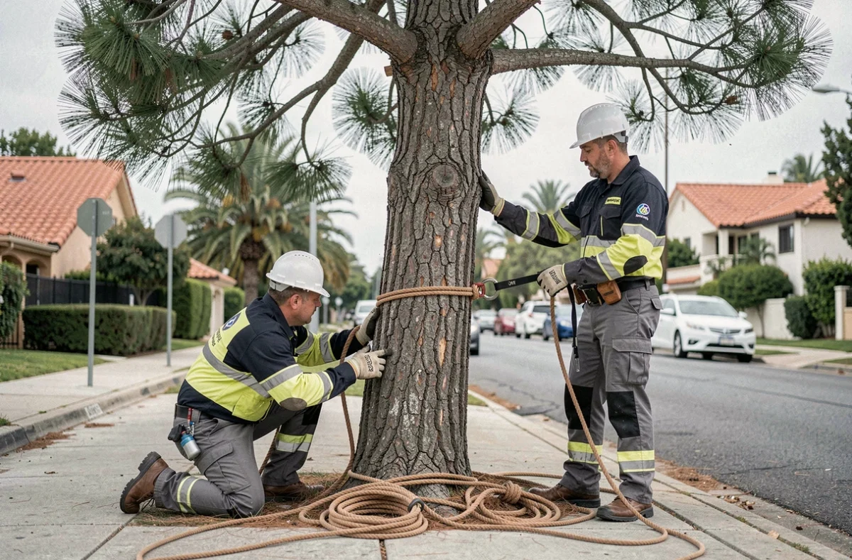 Équipe de deux élagueurs professionnels coordonnant l'abattage contrôlé d'un grand pin en milieu urbain avec des cordes de sécurité