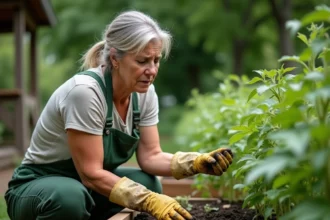 Jardinière examinant des feuilles de tomates jaunissantes dans un potager surélevé, signe d'un mauvais apport en engrais