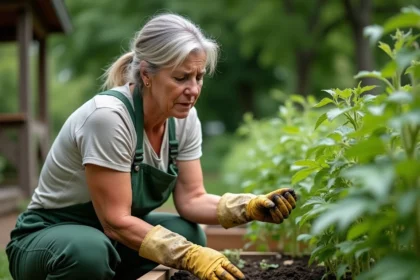Jardinière examinant des feuilles de tomates jaunissantes dans un potager surélevé, signe d'un mauvais apport en engrais