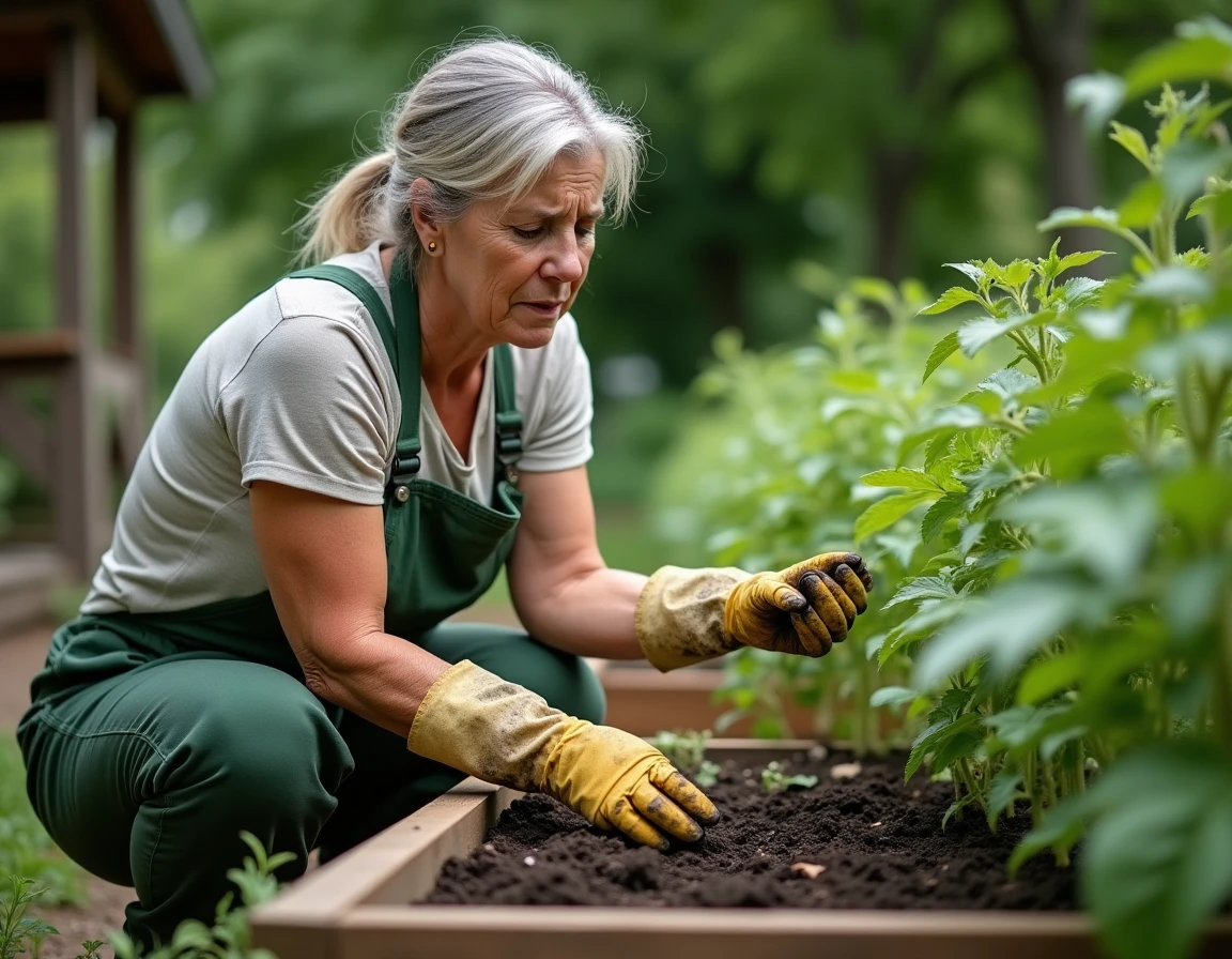 Jardinière examinant des feuilles de tomates jaunissantes dans un potager surélevé, signe d'un mauvais apport en engrais