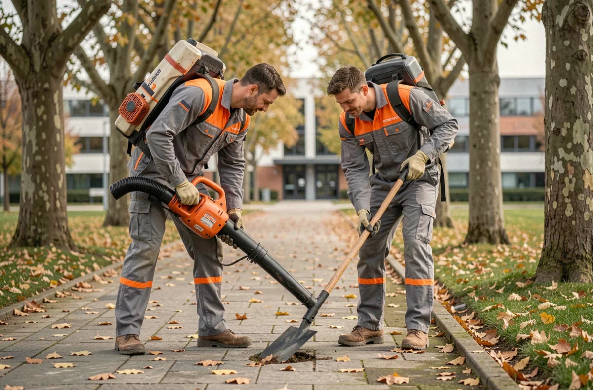 Ouvriers ERS nettoyant et bordant une allée de parc commercial dans le Rhône