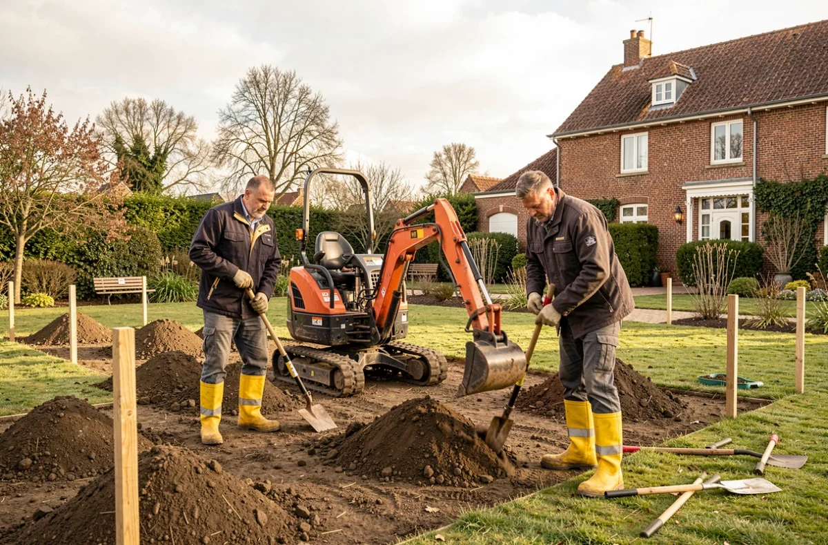 Équipe de l'Établissement David réalisant des travaux d'aménagement de jardin dans une propriété du Nord