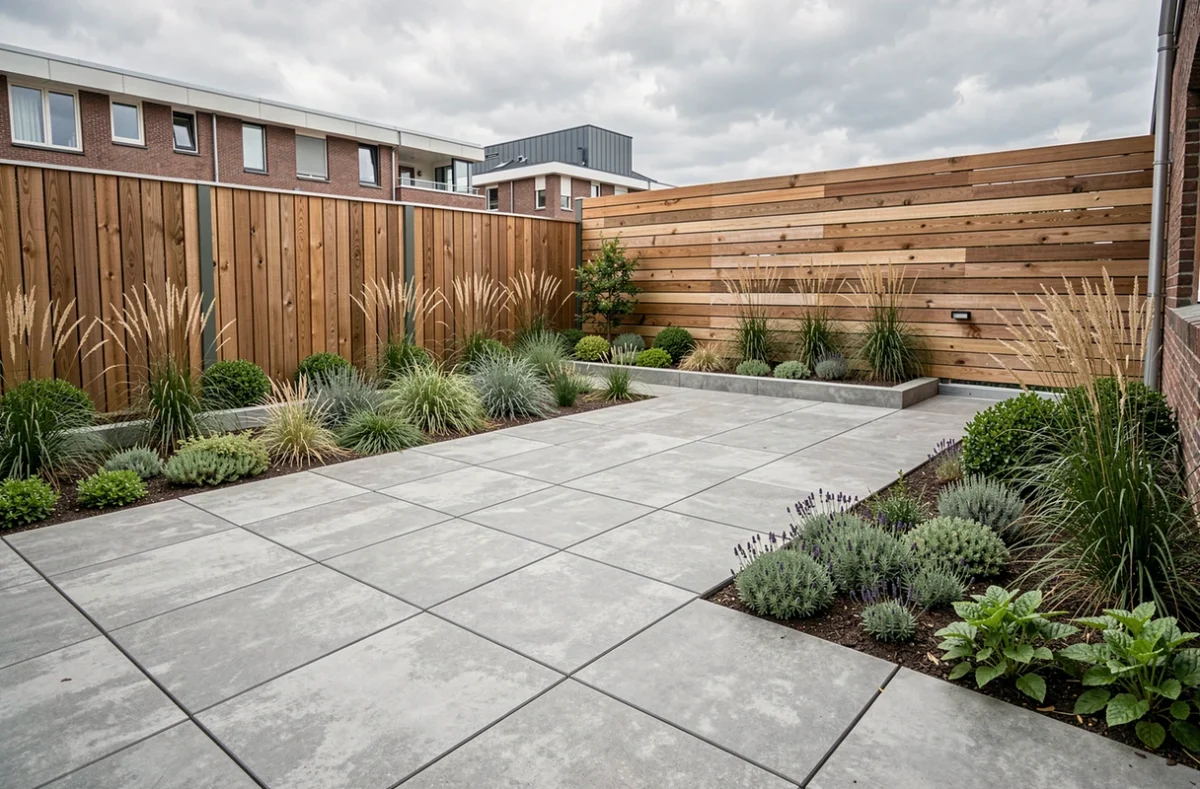 Aménagement extérieur contemporain avec terrasse en dalles béton et plantations basses réalisé par Expert Paysage dans la métropole lilloise
