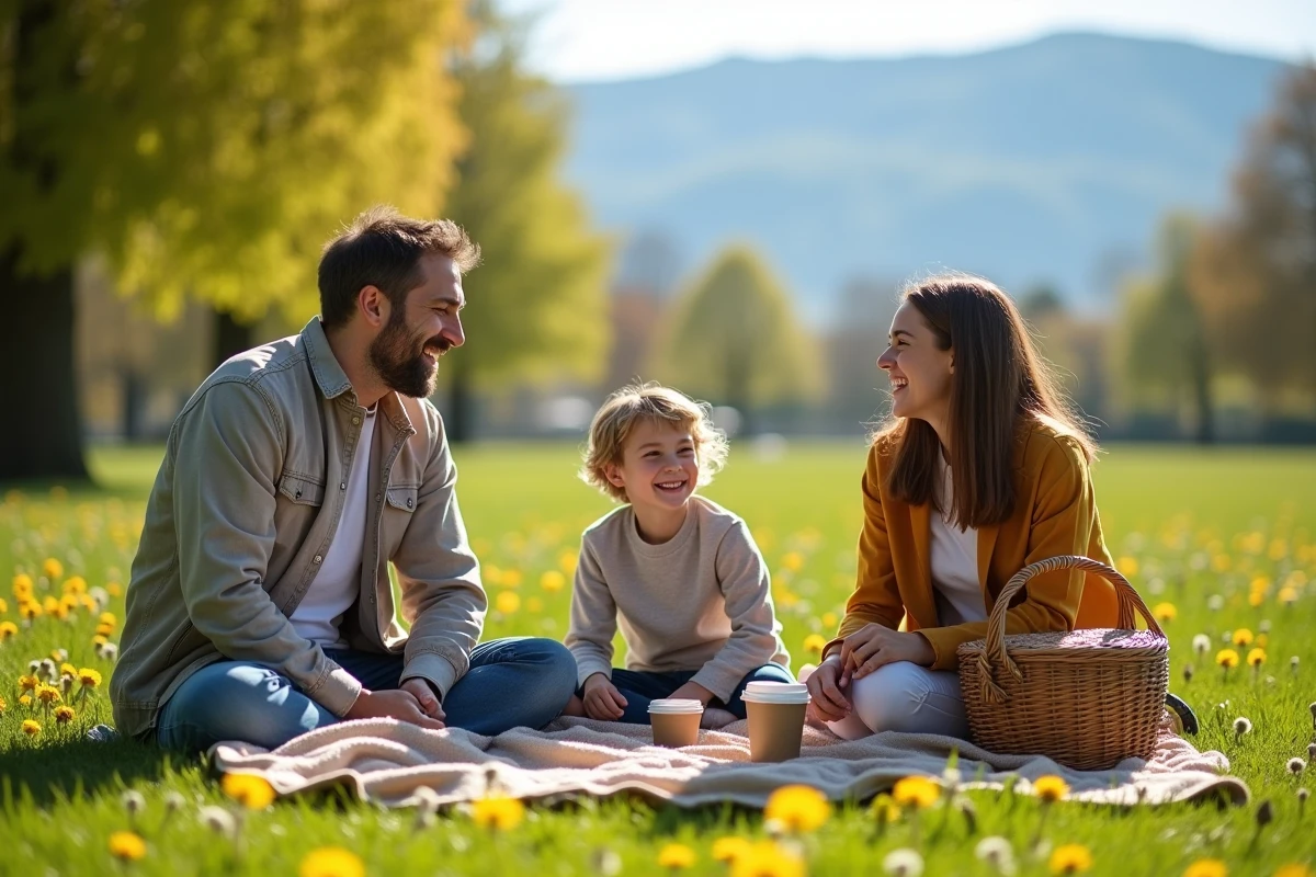 Famille en pique-nique dans un parc fleuri d'Annecy avec vue sur la montagne au printemps