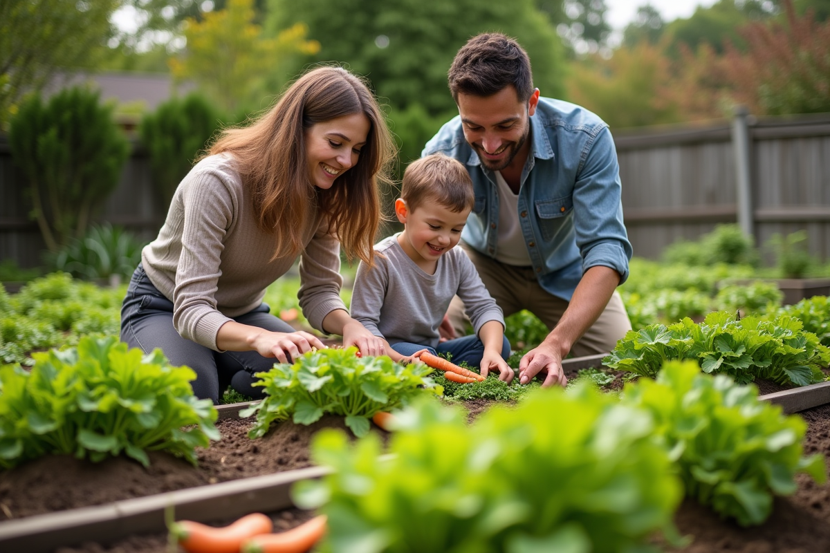 Famille récoltant des carottes et laitues dans le jardin