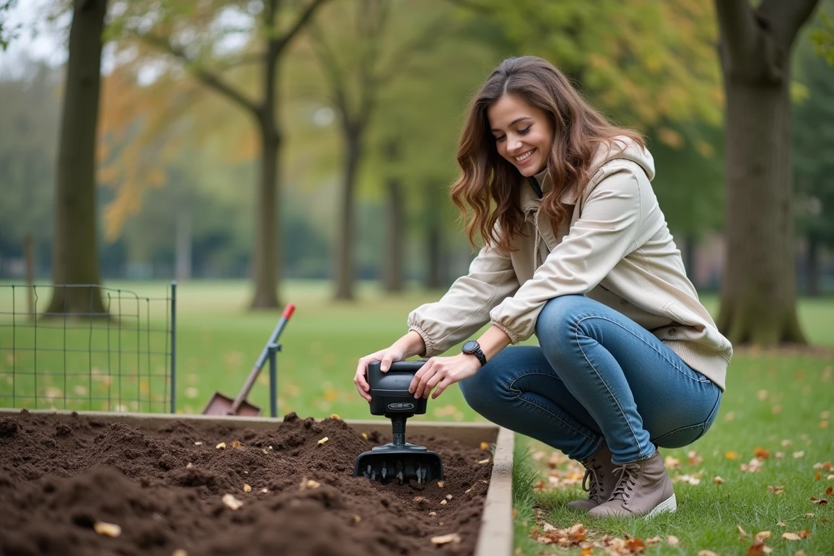 Jeune femme avec aérateur manuel dans un parc