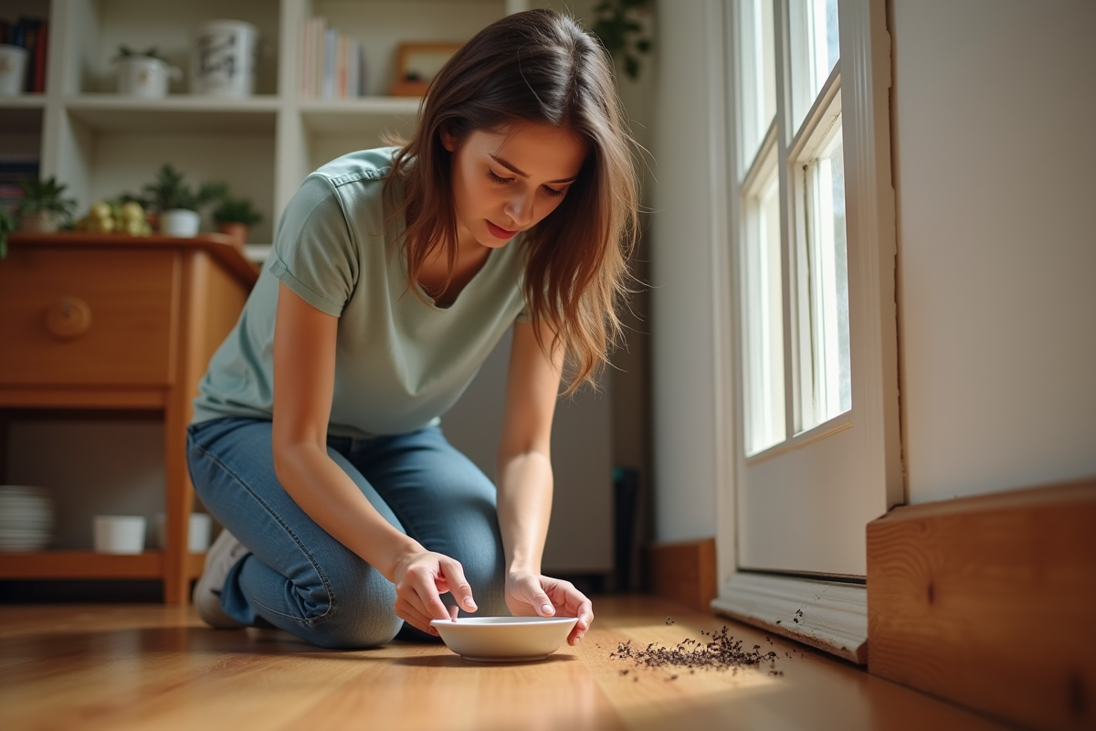 Jeune femme à la maison traitant une fourmilière avec du vinaigre