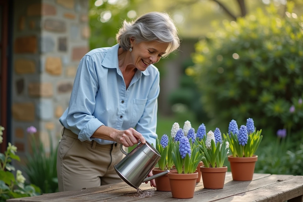 Femme arrosant des hyacinths en pot dans le jardin