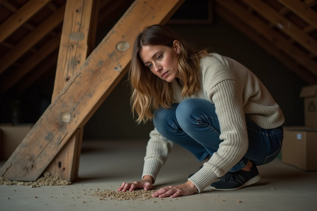 Femme examinant des déjections dans un grenier ancien
