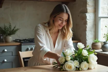 Femme arrangeant un bouquet de fleurs blanches dans la cuisine