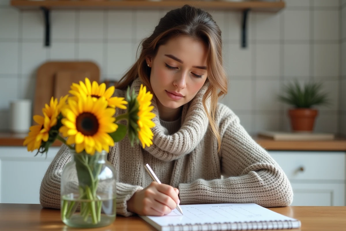 Femme écrivant dans un calendrier dans la cuisine