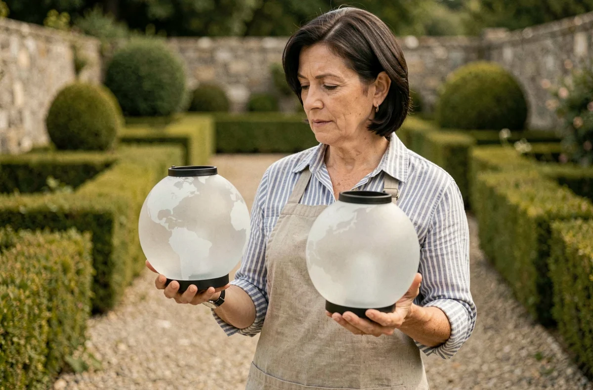 Femme comparant deux boules d'éclairage extérieur en verre dépoli dans un jardin aménagé