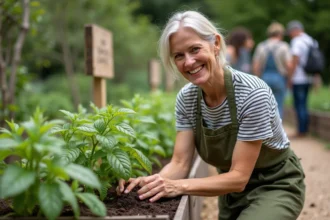 Femme jardinière membre d'un club de jardinage communautaire cultivant des légumes dans un potager surélevé en bois