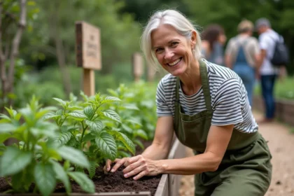 Femme jardinière membre d'un club de jardinage communautaire cultivant des légumes dans un potager surélevé en bois