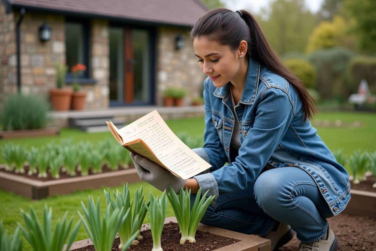 Jeune femme vérifiant un calendrier lunaire dans son jardin