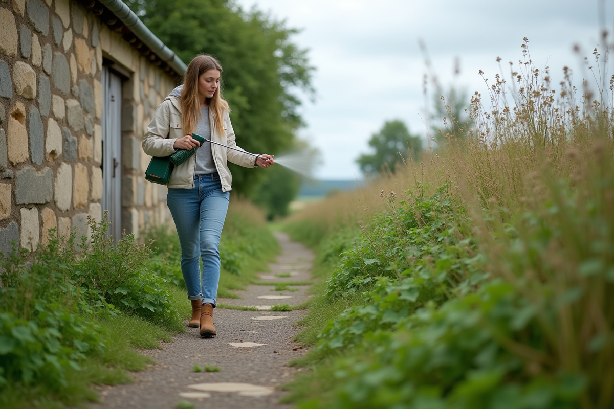Jeune femme pulvérisant un herbicide sur des orties dans un chemin rural