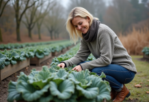 Légume résistant froid : quel est le plus adapté pour votre jardin ? Femme d'âge moyen inspectant le chou kale dans le jardin en automne