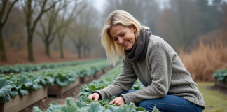 Légume résistant froid : quel est le plus adapté pour votre jardin ? Femme d'âge moyen inspectant le chou kale dans le jardin en automne