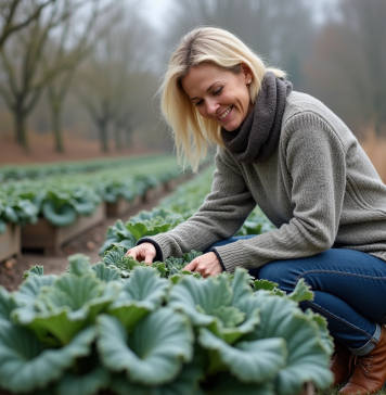 Légume résistant froid : quel est le plus adapté pour votre jardin ? Femme d'âge moyen inspectant le chou kale dans le jardin en automne