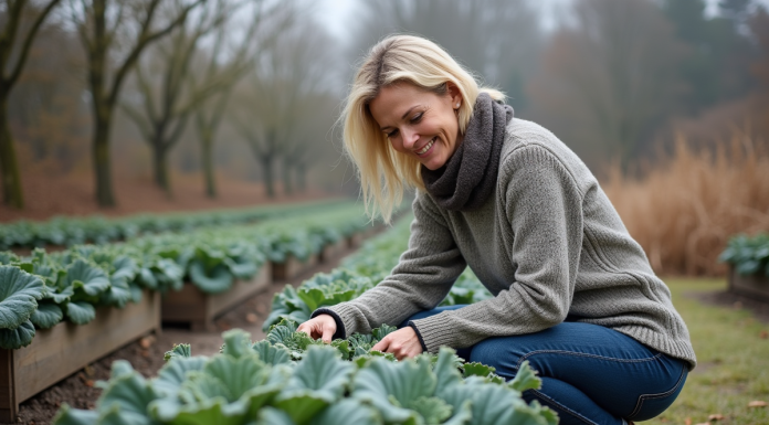 Légume résistant froid : quel est le plus adapté pour votre jardin ? Femme d'âge moyen inspectant le chou kale dans le jardin en automne