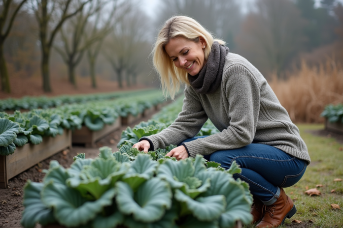 femme-fane-kale-froste Femme d'âge moyen inspectant le chou kale dans le jardin en automne