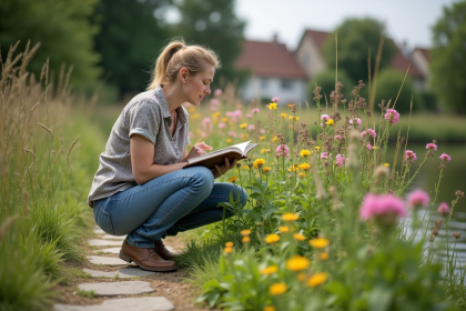 Femme au bord de rivière identifiant des plantes invasives