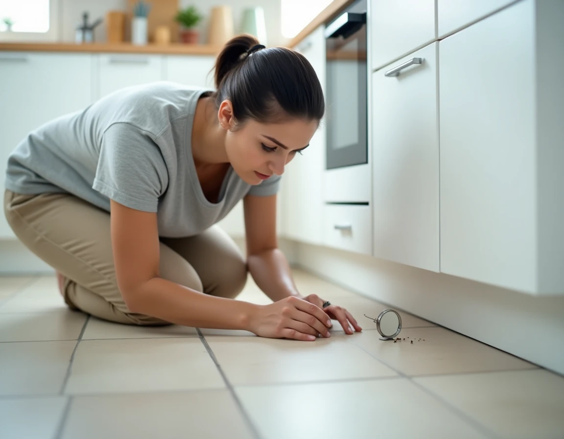 Femme inspectant une plinthe à la recherche de petites bêtes noires sauteuses dans une cuisine moderne