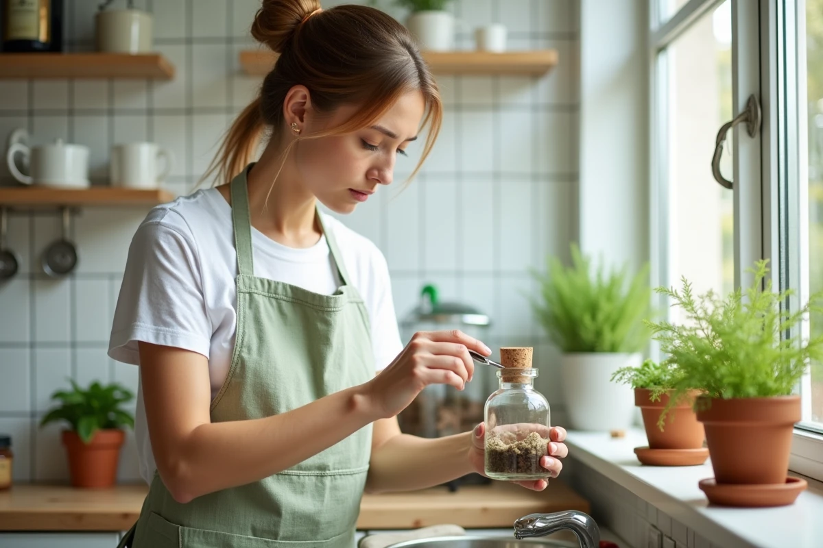 Femme installant un attrape moucherons naturel sans produits chimiques près de plantes aromatiques sur un rebord de fenêtre