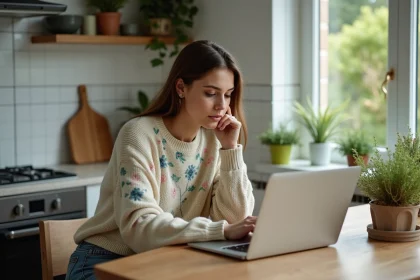 Femme assise à la cuisine avec herbes et ordinateur