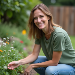 Femme dans un jardin ensoleille avec fleurs sauvages
