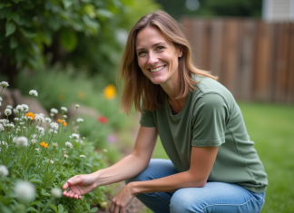 Femme dans un jardin ensoleille avec fleurs sauvages