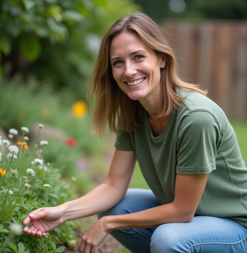 Femme dans un jardin ensoleille avec fleurs sauvages
