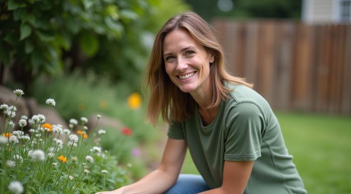 Femme dans un jardin ensoleille avec fleurs sauvages