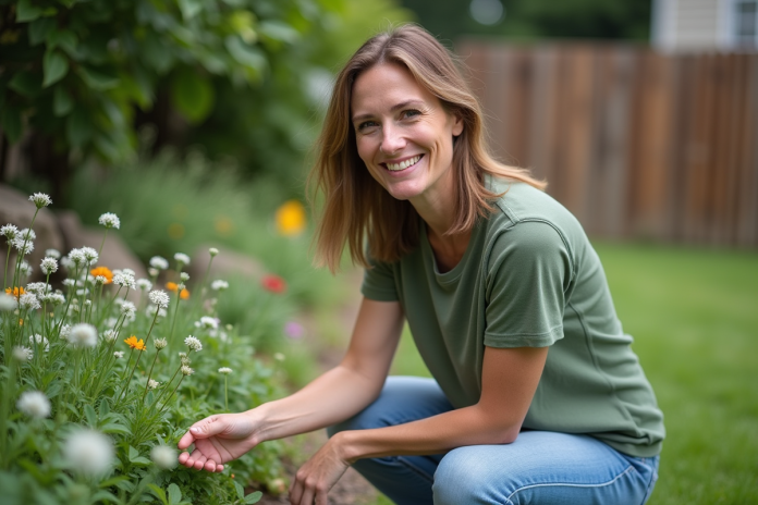 femme-jardin-fleurs Femme dans un jardin ensoleille avec fleurs sauvages