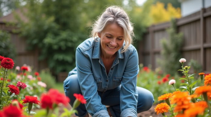 Femme plantant des fleurs colorées dans son jardin
