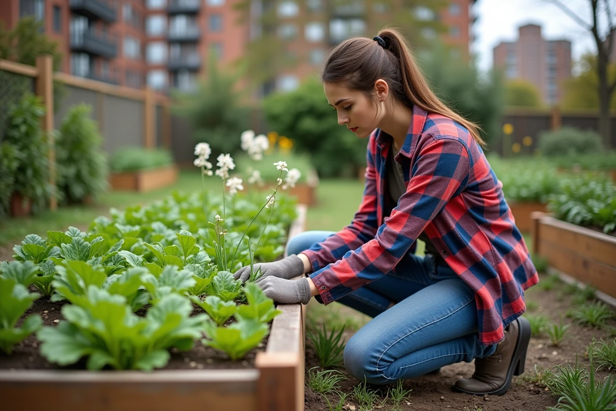 Jeune femme arrachant des mauvaises herbes dans un jardin communautaire